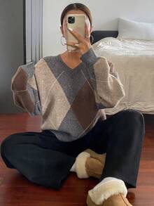 DAZY 格子宽松长袖圆领女式毛衣、秋装、长袖上衣