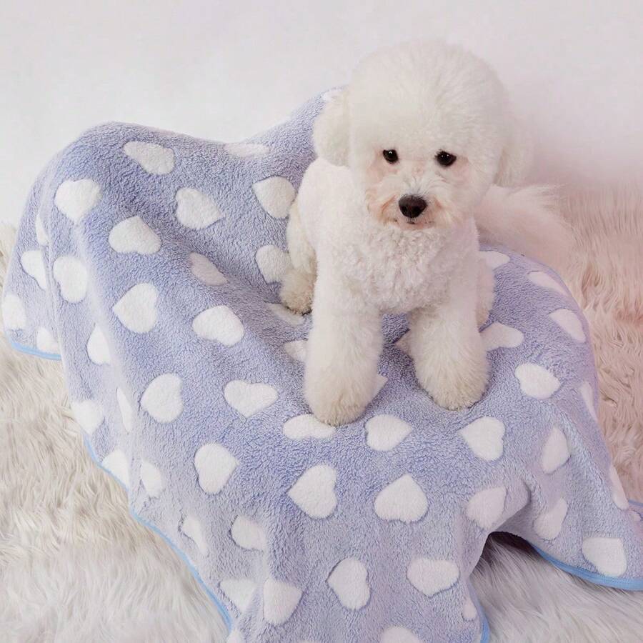 PETSIN 1pc Versatile Cat & Dog Blue Heart Print Cute Pattern Pet Blanket, Warm - Multicolor - View 1