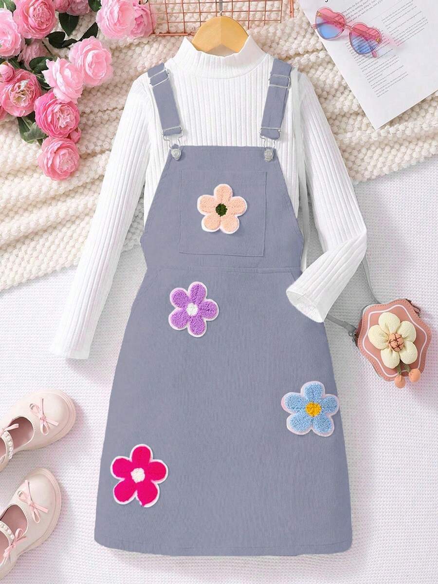 SHEIN 青少年女孩休闲花卉 3D 装饰背带裙 - 紫色 - 查看 1