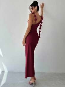 Firerie Vestido recto con hombros asimétricos, sin mangas, con estampado floral y lazo en la espalda, elegante, romántico y encantador, adecuado para fiestas, bodas, graduaciones y otros eventos, ideal para el verano, el regreso a la escuela, el aeropuerto y salidas - Burdeos - Ver 2