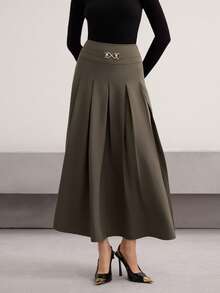 Heiryn Chân váy xếp ly trang trí kim loại màu trơn thanh lịch dành cho nữ - màu nâu - Xem 1