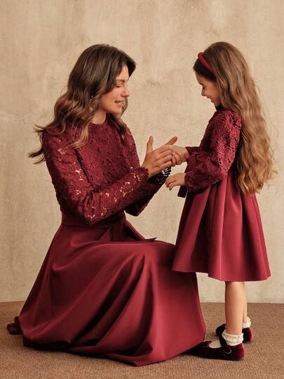 SHEIN Christmas Kids Dress, Partywear ,Santa Dress , New Years Dress, Christmas Children's Girls' Princess Dress Red Water Soluble Cloth Embroidered Waist Strap Bow Dress Long Sleeve Dress Gorgeous Dress Dress Parent Child Dress Autumn/Winter New Clothes For Kids Winter Winter Fall Haut Christmas Party Dress Winter Clothes