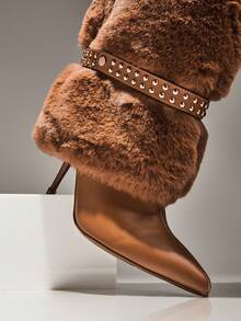 SHUZIA Giày bốt cao đến đầu gối mũi nhọn lông vũ quyến rũ dành cho nữ, ấm áp, thoải mái vào mùa đông - Lạc đà - Xem 7