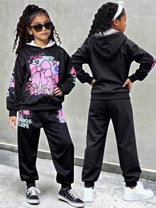 Tween Girls' Casual Lucky Gamer Girl 3D Digital Print Hoodie, Sporty Style, Comfortable Sweatshirt Set For Autumn/Winter - Black - View 1