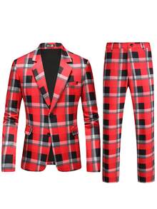 Calvornis Men's Casual Red And White Plaid Single-Breasted Suit Jacket And Pants Set,Autumn Summer Techno Party Rave Christmas Costumes Blazer And Pants Set - Red - View 3