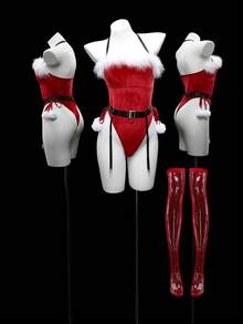 4pcs Christmas Velvet Wireless Sexy Bodysuit Set For Women