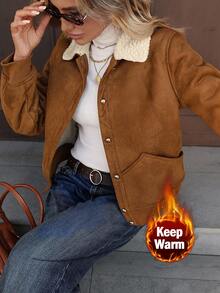 SHEIN LUNE Damen Lässig Fleece Taschen Fliegerjacke