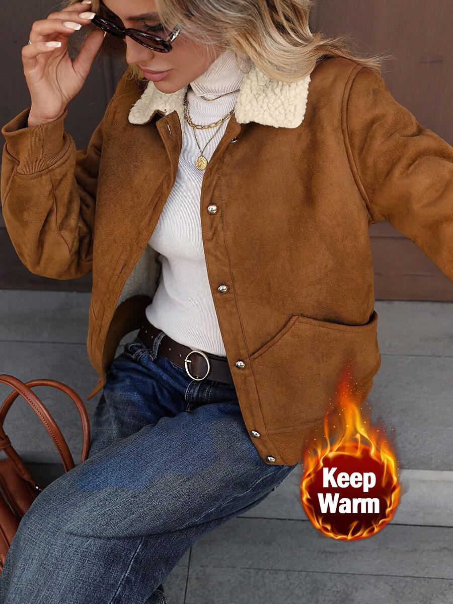 SHEIN LUNE Damen Lässig Fleece Taschen Fliegerjacke