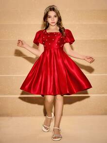 Tween Girls' Square Neck Puff Sleeve Pleated Rhinestone Elegant Halloween Christmas Party Dress - Red - View 1