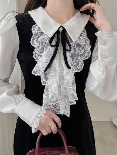 FRIFUL 女士常规领修身蕾丝荷叶边天鹅绒连衣裙