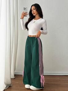 SHEIN PETITE Women's Green Side Contrast Pink Bowknot Elastic Waist Pants Y2k Pants Drawstring Pants Green Pants Track Pants Wide Leg Pants