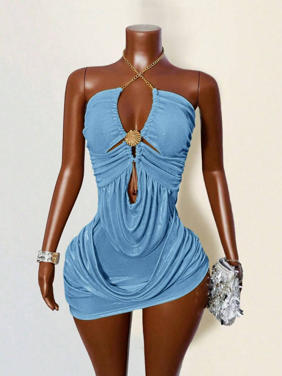 BamGleam Đầm cổ yếm khoét sâu gợi cảm họa tiết vỏ kim loại cho nữ - Màu xanh lam - Xem 1