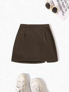 Sweetra Petite 娇小女士休闲百搭百搭 A 字迷你裙，麻灰色 - 咖啡棕 - 查看 2