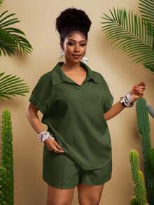 Veslaya 秋冬新品，女士秋冬/万圣节/冬季服装，大码，音乐节/万圣节服装，复活节，西部风，游牧风，生日派对，毕业典礼，学生装，日常穿着，百搭基础款，休闲，度假，邮轮旅行，海滩，日光浴，时尚，女士黄色罗纹Polo领宽松短袖短裤套装配腰带，大码家居服套装绿色衬衫女士大码工作服套装绿色衬衫两件套亚麻套装女士大码亚麻套装 - 軍綠色 - 查看 8