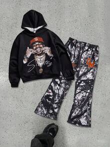 SHEIN Bộ 2 bộ quần áo thể thao thường ngày màu đen có mũ trùm đầu họa tiết graffiti và quần ống loe cho bé trai tuổi mới lớn, phù hợp cho trang phục trẻ em, bộ quần áo bé trai mới biết đi trở lại trường, phù hợp cho tiệc sinh nhật, tiệc tối, biểu diễn, đám cưới, lễ rửa tội, lễ khai giảng, hàng ngày, phù hợp để sử dụng hàng ngày, phù hợp để đi học, phù hợp để đi du lịch, phù hợp để chơi thể thao, phù hợp cho mùa xuân, mùa thu và mùa đông - Nhiều màu - Xem 6