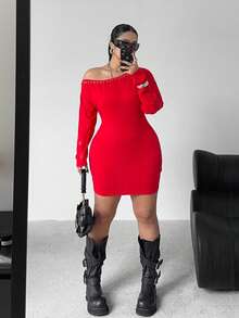 POPSWAY Christmas Plus Size Women Oblique Shoulder Eyelet Design Fitted Fashionable Knit Dress - Red - View 1