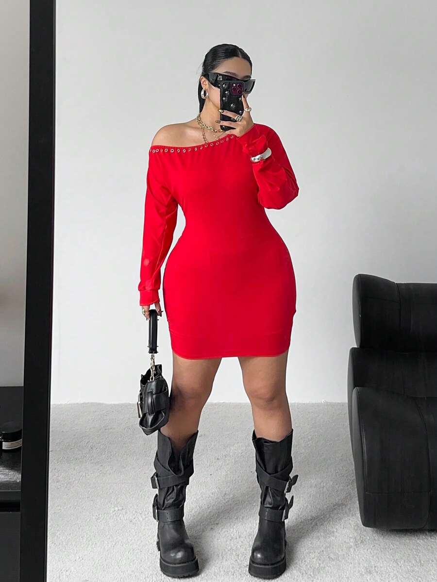POPSWAY Christmas Plus Size Women Oblique Shoulder Eyelet Design Fitted Fashionable Knit Dress - Red - View 1