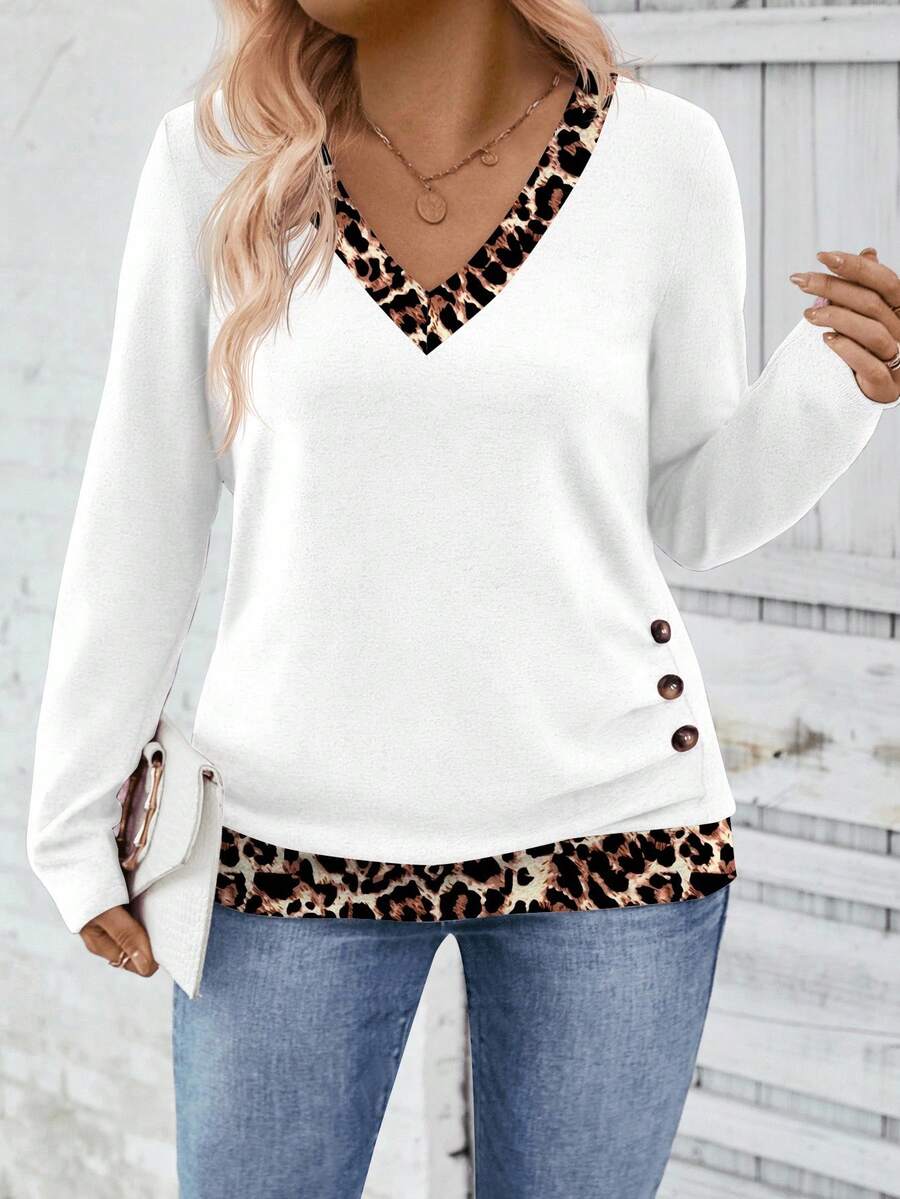 EMERY ROSE 女式秋冬新款豹纹拼布领口和下摆长袖休闲大码T恤 - 彩色 - 查看 1