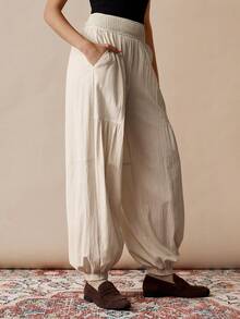 Florisole Quần dài thường ngày cạp chun co giãn màu trơn có túi rút - Màu be - Xem 5