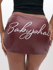 BABYPHAT Minifalda de piel sintética con detalles bordados de texto para otoño e invierno - Burdeos - Ver 1