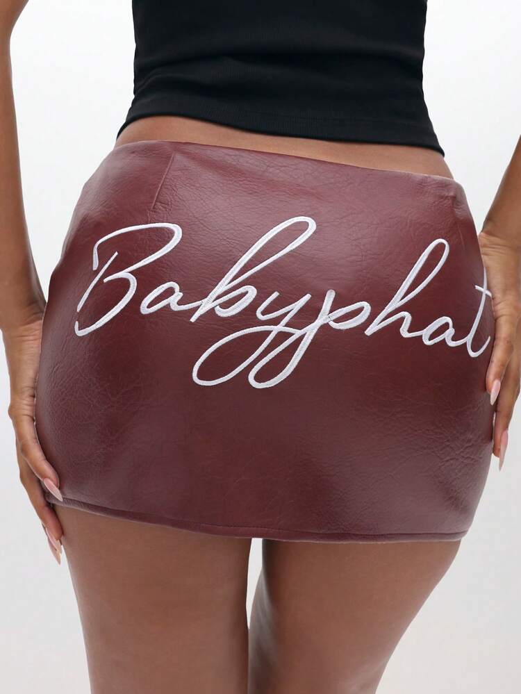 BABYPHAT Mini Faux Leather Skirt With Embroidered Script Detail For Fall Winter