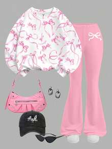 SHEIN 圣诞节芭蕾舞风格粉色蝴蝶结印花图案，少女休闲圆领宽松长袖卫衣和喇叭裤两件套，适合秋季日常穿着、圣诞派对、街头风、居家穿着。 - 彩色 - 查看 3