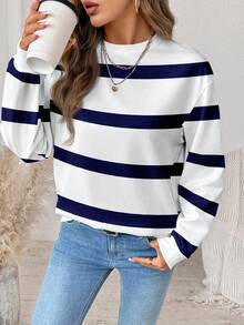 SHEIN LUNE 休闲简约白色藏蓝色条纹印花圆领宽松长袖卫衣，适合秋冬季节穿着，藏蓝色条纹长袖秋季上衣，休闲百搭 - 彩色 - 查看 4