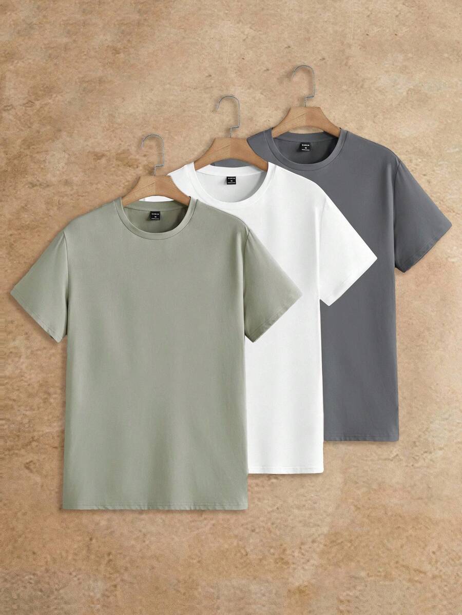 HIMLAND Men Summer 3-Pack Solid Color Round Neck Knitted Casual Short-Sleeve T-Shirt - White - View 1