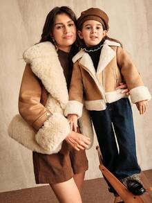 SHEIN 女童秋冬羊毛领夹克，时尚简约通勤搭配家庭装，拉链装饰长袖，加高 - 駝色 - 查看 6