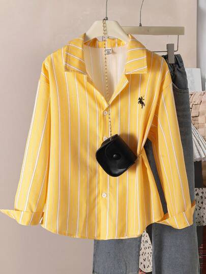 SHEIN Tween Girls' Casual Comfortable Long Sleeve Striped Shirt, Embroidered Galloping Horse Pattern, Versatile For Daily Wear And Outdoor