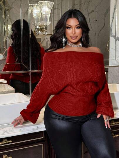 NU&NOW 大码女式纯色露肩麻花针织套头衫