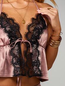 MISSGUIDED Satin-Spitzen-Besatz Trägertop mit Maxi-Rock Zweiteiler für Abendpartys - Altrosa - Übersicht 5