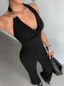 Jeanoix 女式纯色垂领时尚连体衣，带金属环装饰 - 黑色 - 查看 1