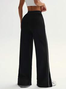 Dewbera Women's Loose Fit Straight Leg Sweatpants With Pockets, Waistband Contrast Stripe, High Stretch Elastic Waist, Suitable For Daily Casual Wear, Running, Yoga, Gym, Tennis, Golf, Autumn/Winter Athleisure Wide Leg Pants Palazzo Pants Women Loose Pants - Black - View 3