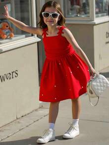 Elladie kids 年轻女孩女孩大红色肩带蝴蝶结褶皱可爱无袖中长连衣裙，串珠，珍珠，优雅，适合派对，休闲，夏季 - 紅色 - 查看 2