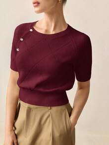 BizChic Irregular Diamond Pattern Round Neck Single-Breasted Decorated Women's Sweater, Fashionable And Elegant For Urban Commute, Daily Wear, Romantic 90s Retro, Suitable For Christmas, New Year, Valentine's Day, Party, Beach, Graduation, Carnival, Holiday, All-Match Casual, Romantic, Suitable For Wedding Guests, Hosts, Dates, Parties, Concerts, Brunch, Airport - Burgundy - View 7