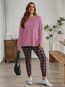 Rosumi 大码女式黑色T恤和格子紧身裤套装（冬季服装） - 粉色 - 查看 4