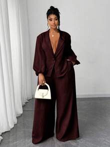 Maweii Plus Size Women Solid Color Lantern Sleeve Single-Breasted Jacket And Wide Leg Pants Casual 2 Pieces Set