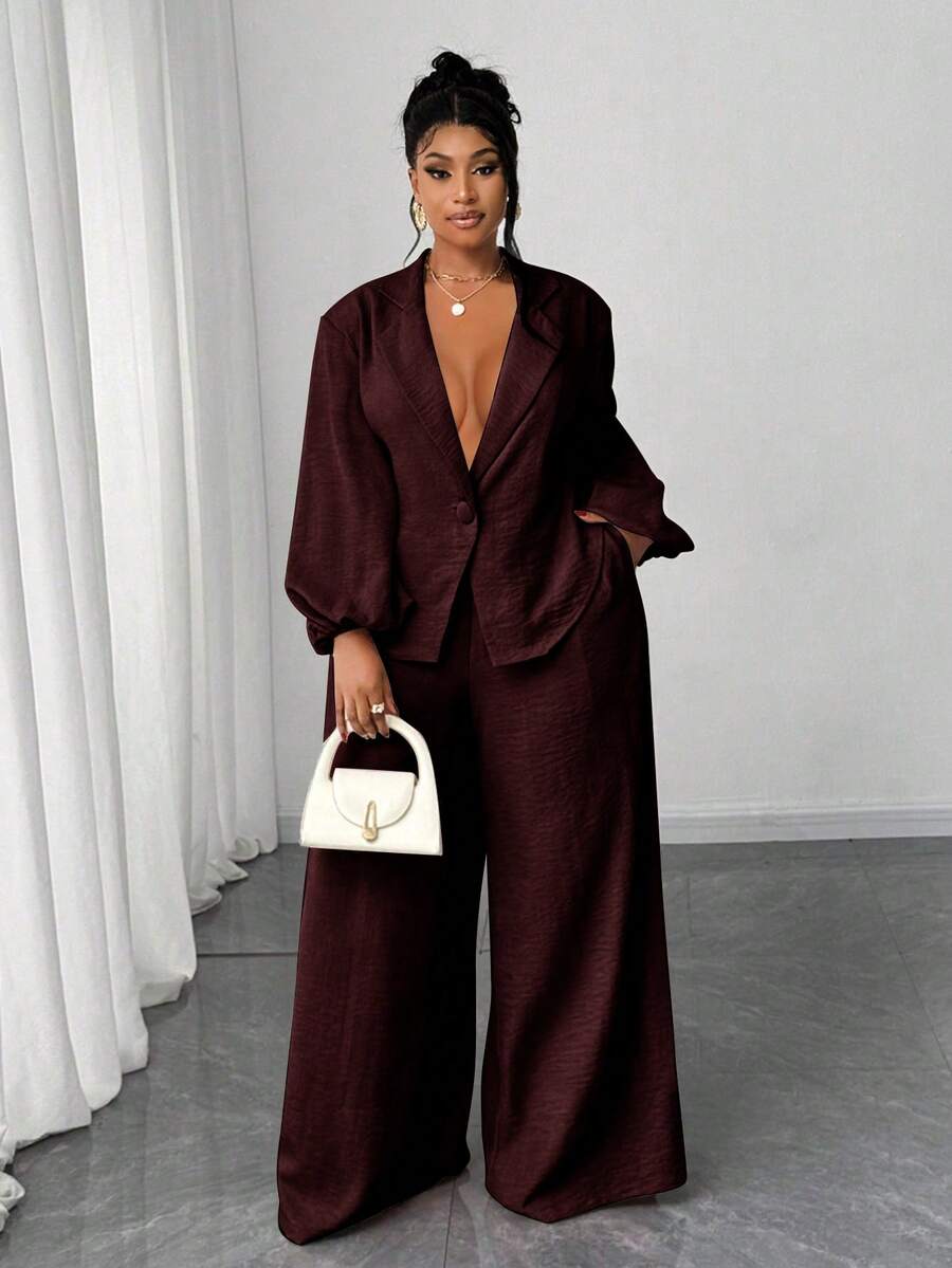 Maweii Plus Size Women Solid Color Lantern Sleeve Single-Breasted Jacket And Wide Leg Pants Casual 2 Pieces Set