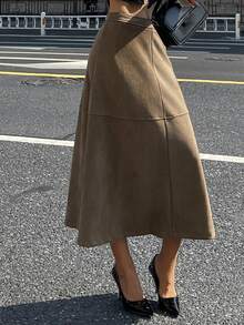 DAZY Falda casual de línea A para mujer con parches de ante, suelta y con estilo, de unicolor, adecuada para otoño e invierno - Verde militar - Ver 1