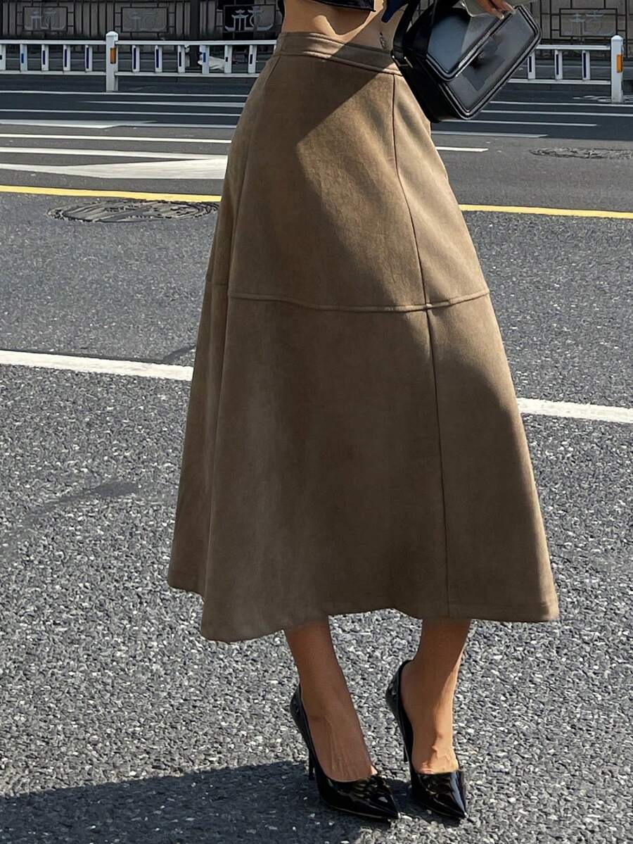 DAZY Falda casual de línea A para mujer con parches de ante, suelta y con estilo, de unicolor, adecuada para otoño e invierno - Verde militar - Ver 1