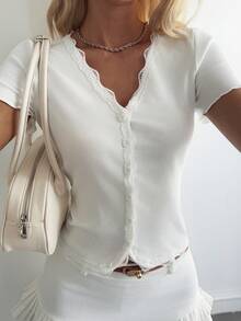 Livesso 女式蕾丝荷叶边修身短袖优雅T恤长袖上衣 - 白色 - 查看 5