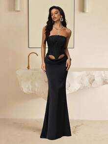 Vowa Women's Elegant Vintage Jacquard Satin Waist Hollow Out Ruffle Tie Fishtail Skirt,Formal Dress For Galas,Balls,Birthdays,Festivals & Graduations - Black - View 1