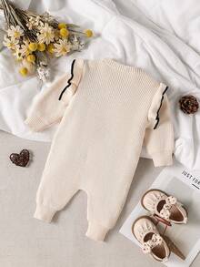 SHEIN Baby Girl Contrast Color Ruffle Bow Decor Knitted Romper Fall Winter - Beige - View 2