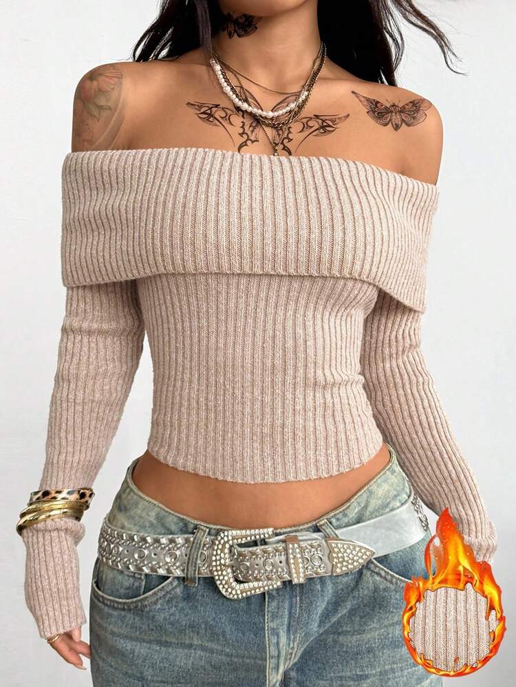 Coolane Women's Winter Y2K Flannelette Off Shoulder Women Sweaters Sweater Top Off Shoulder Sweater - Apricot - View 4