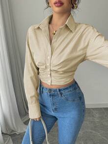 Elenzga Áo sơ mi dài tay nhún bèo kẻ sọc thường ngày dành cho nữ, mùa xuân - Màu Khaki - Xem 3