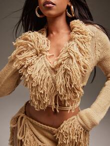 Denimoi Open Front Tie Waist Fringe Detail Cropped Sweater Cardigan - Brown - View 6