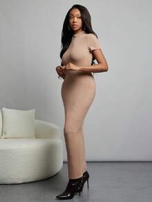 NYA SZN 连衣裙高领短袖修身紧身日常休闲早午餐活动酷女孩浪漫罗纹针织弹力长款万圣节假期秋冬女士服装 - 棕色 - 查看 3