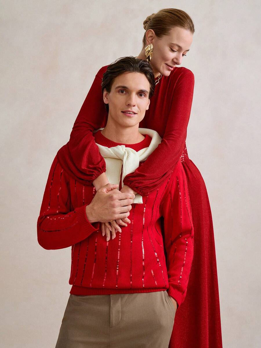 Manfinity Homme Áo len nam màu đỏ tay dài, thiết kế đính cườm thời trang mới cho mùa Thu/Đông, áo len dệt kim màu đỏ, áo len sequin đỏ chủ đề Giáng sinh. - Đỏ - Xem 1
