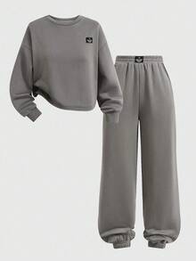 SHEIN 青少年女孩宽松休闲简约舒适圆领套头衫和抽绳裤套装 - 深灰色 - 查看 9